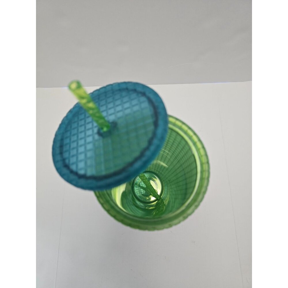 Starbucks 2022 Green Blue Grid Studded Tumbler Mountain Dew Glowing Straw & Rim - Picture 3 of 4
